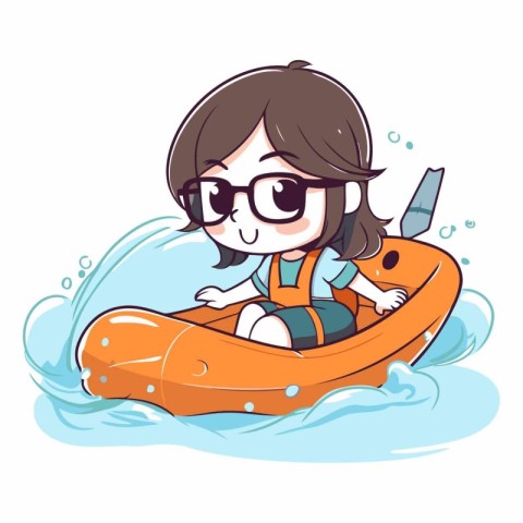 Illustration of a Cute Cartoon Girl Riding an Inflatable Boat