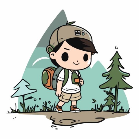 Cute boy hiking in the mountains of a boy with a backpack.