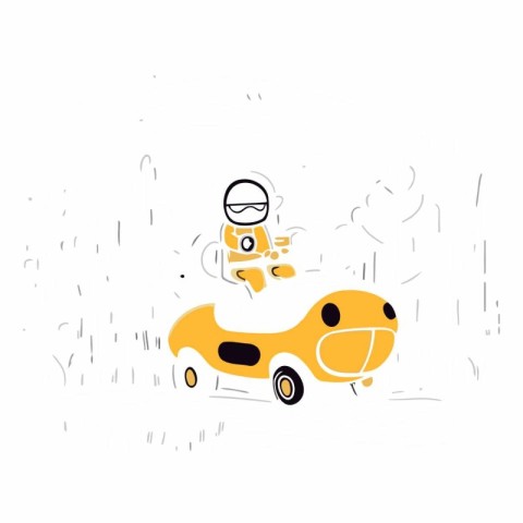 Vector illustration of a man driving a yellow car in the rain.