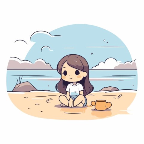 Little girl sitting on the beach in cartoon style.