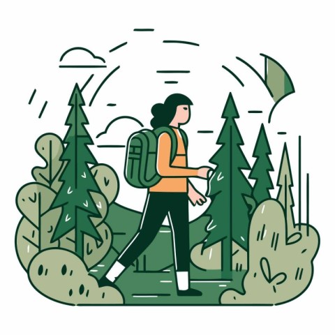 Hiking woman in forest in flat linear style.