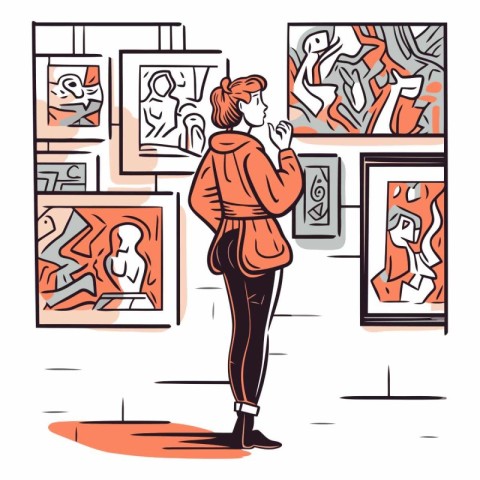 Woman looking at paintings in museum. Hand drawn vector illustra