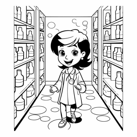 Black and white vector illustration of a little girl standing in