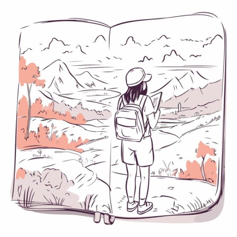 Girl with a backpack and a map in the mountains