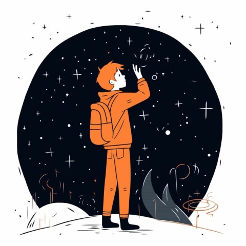 Vector illustration of a boy with a backpack in the night sky.