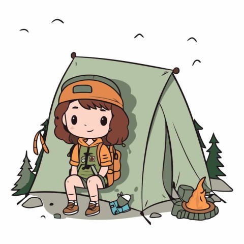 Cute little girl camping in the mountains. Vector hand drawn ill