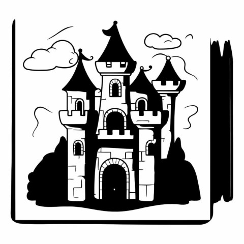 Black and white illustration of a fairy tale castle on a white b