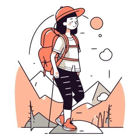 Vector illustration of a girl with a backpack hiking in the moun