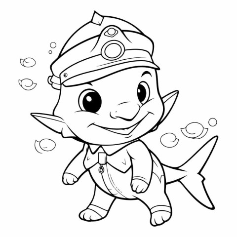 Black and White Cartoon Illustration of Cute Little Fish Fireman