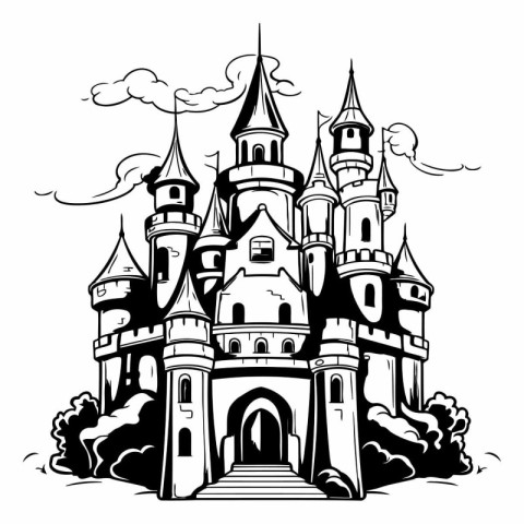 Fairytale castle. Black and white vector illustration for colori