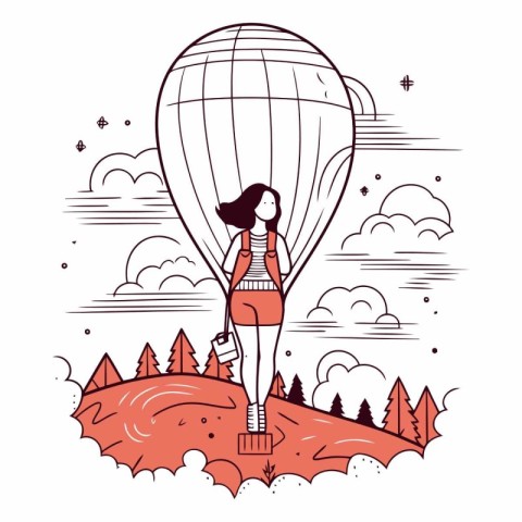 young woman with hot air balloon in the landscape vector illustr