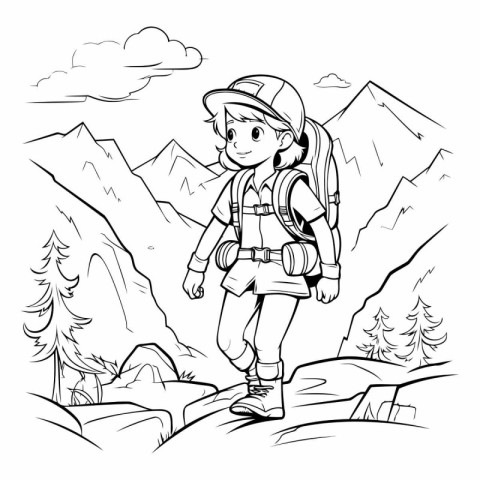 Hiker girl in the mountains for coloring book.