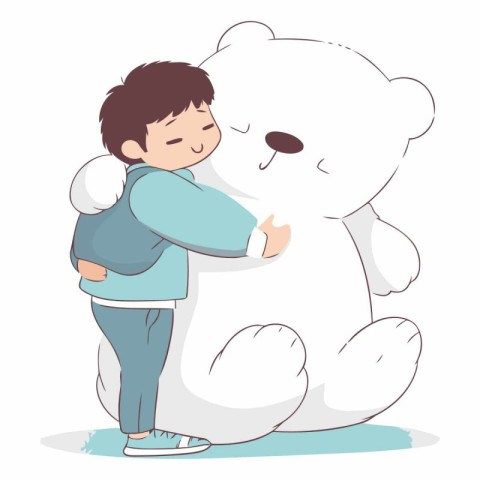 Illustration of a little boy hugging a big white teddy bear