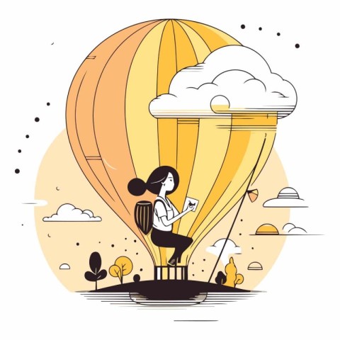 Woman in a hot air balloon in flat style.