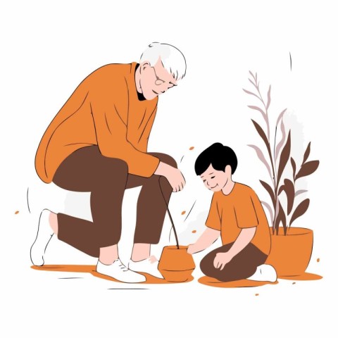 Grandfather and grandson doing gardening together on white backg