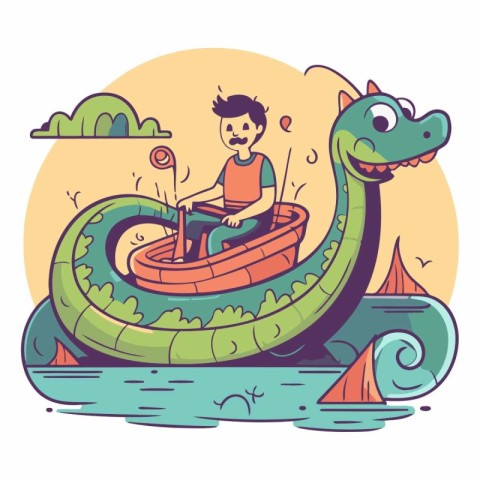 Cute cartoon boy riding on a dragon boat.