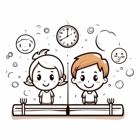 Cute boy and girl with time and clock vector illustration graphi