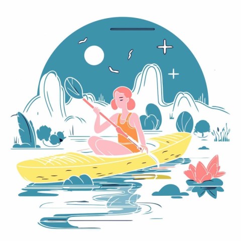 Young woman paddling a kayak on a lake.