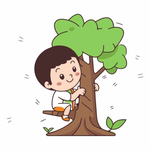 Boy climbing a tree vector illustration. Cartoon boy climbing a