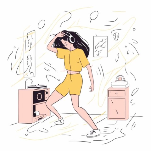 Vector illustration of a girl listening to music with headphones