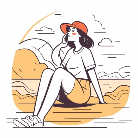 Young woman sitting on a beach in line art style.