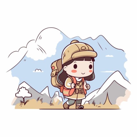 Illustration of a Cute Girl Hiking in the Mountains.