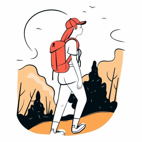 Hiking girl with a backpack in sketch style.