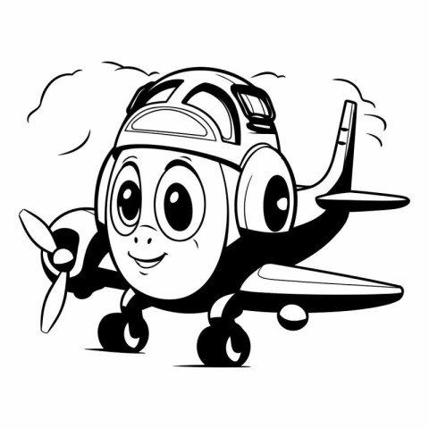 Black and White Cartoon Illustration of Cute Cartoon Airplane Ch