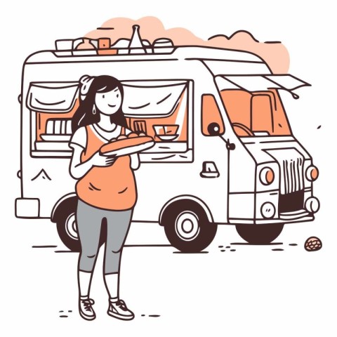 Woman in front of a camper van. Vector hand drawn illustration