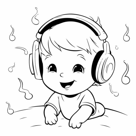 Cute baby boy listening to music with headphones.