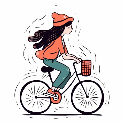 Illustration of a girl riding a bicycle in doodle style.