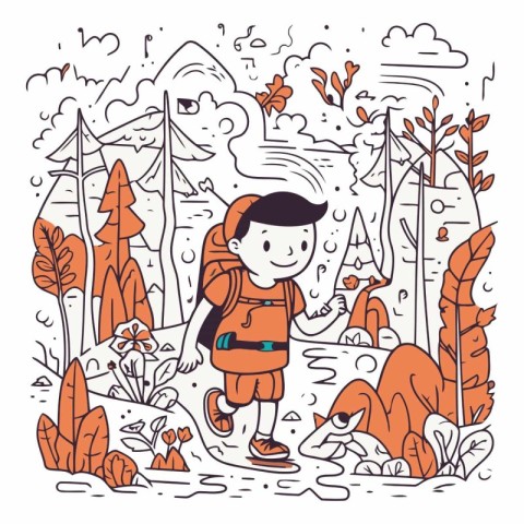 Vector illustration of a little boy hiking in the forest. sketch