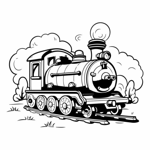 Cartoon black and white illustration of an old steam locomotive.