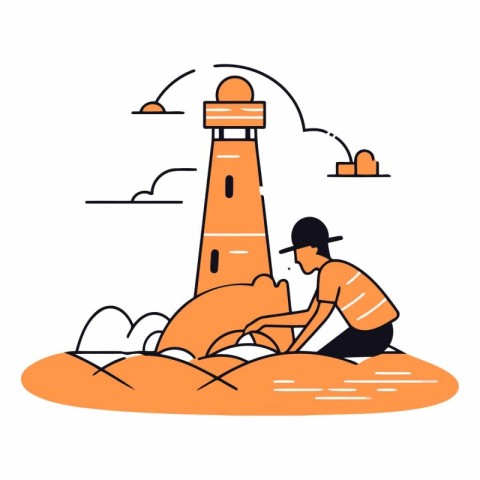 Man fishing on the beach. Lighthouse. Flat style vector illustra