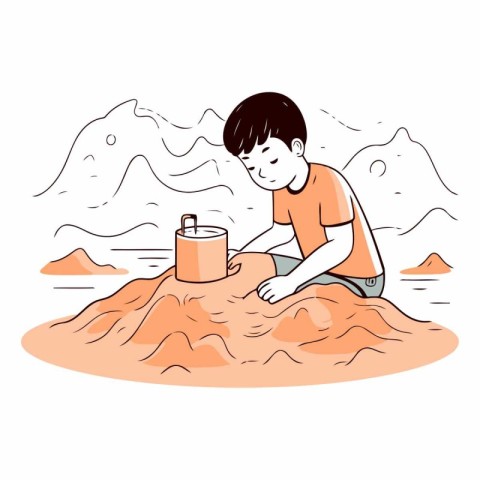 Boy sitting on the sand in the mountains and drinking water