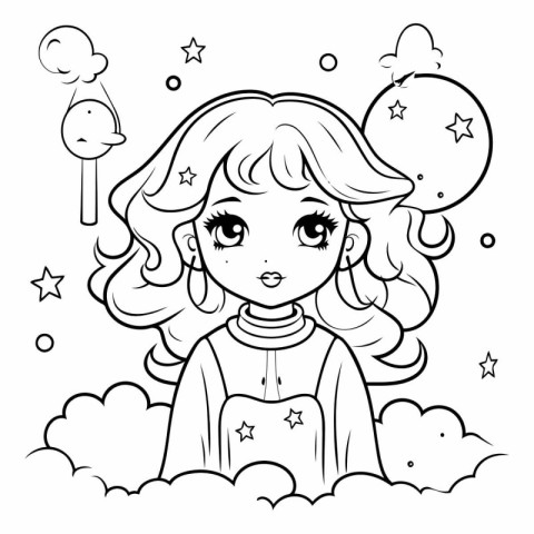 Coloring Page Outline of a Cute Little Girl Vector Illustration