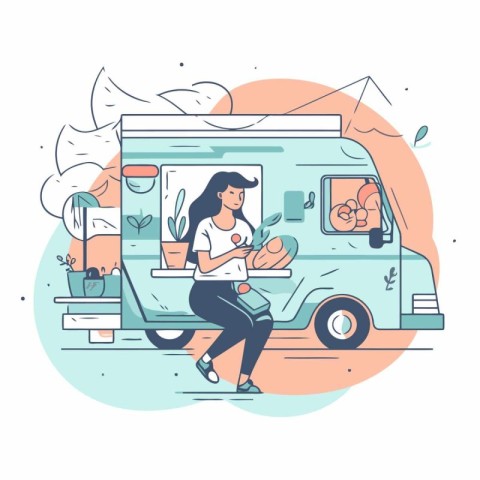 Vector illustration of a campervan and a woman with a flower in