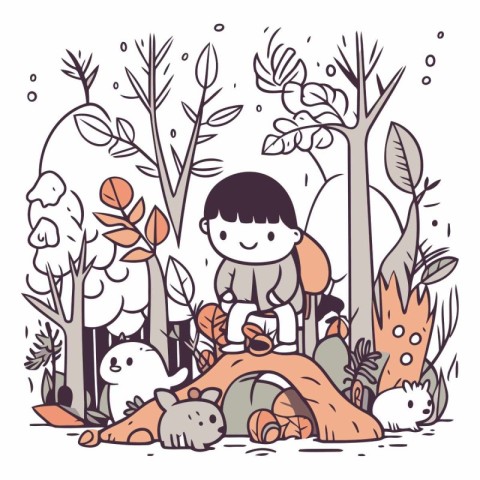 Little boy sitting in the forest and playing with animals.