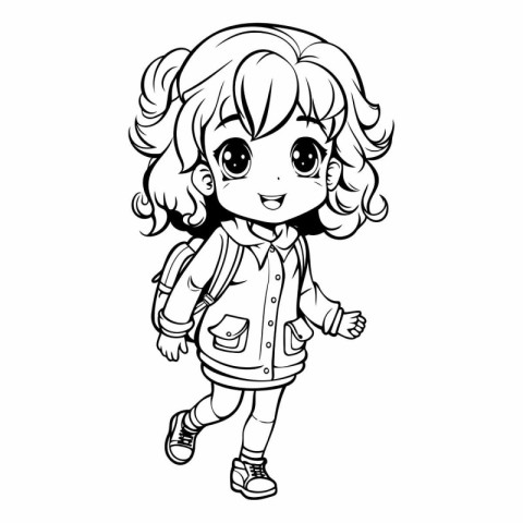 Cute little schoolgirl with backpack for coloring book.