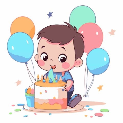 Cute little boy with birthday cake and balloons.