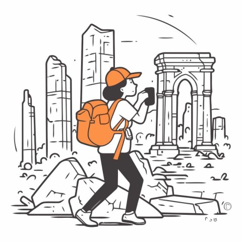 Tourist with a backpack and a map in the city