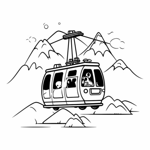 Cable car in mountains. Black and white line art.