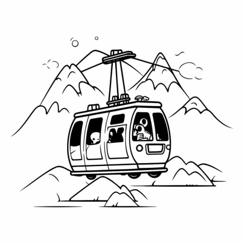 Cable car in mountains. Black and white line art.