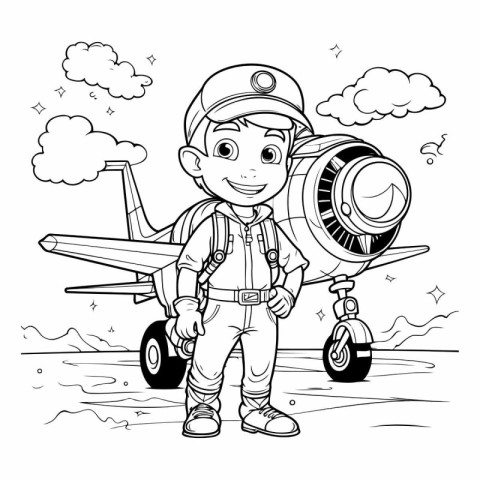 Cute cartoon boy with airplane for coloring book.