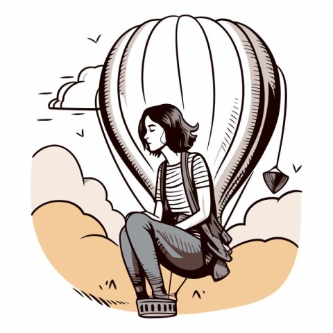 Young woman in a hot air balloon of a girl flying on a hot air b