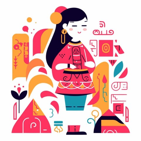 Vector illustration of a girl in a kimono in the style of a flat