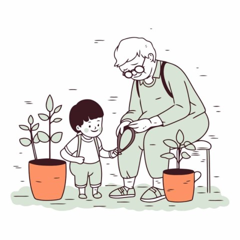 Grandmother and grandson watering plants in cartoon style.