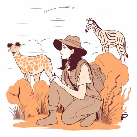 Vector illustration of a girl with a giraffe on the savanna