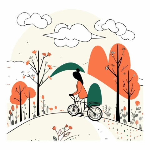 Vector illustration of a woman riding a bicycle in the autumn pa