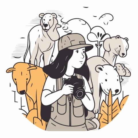 Tourist girl with camera and wild animals on background.